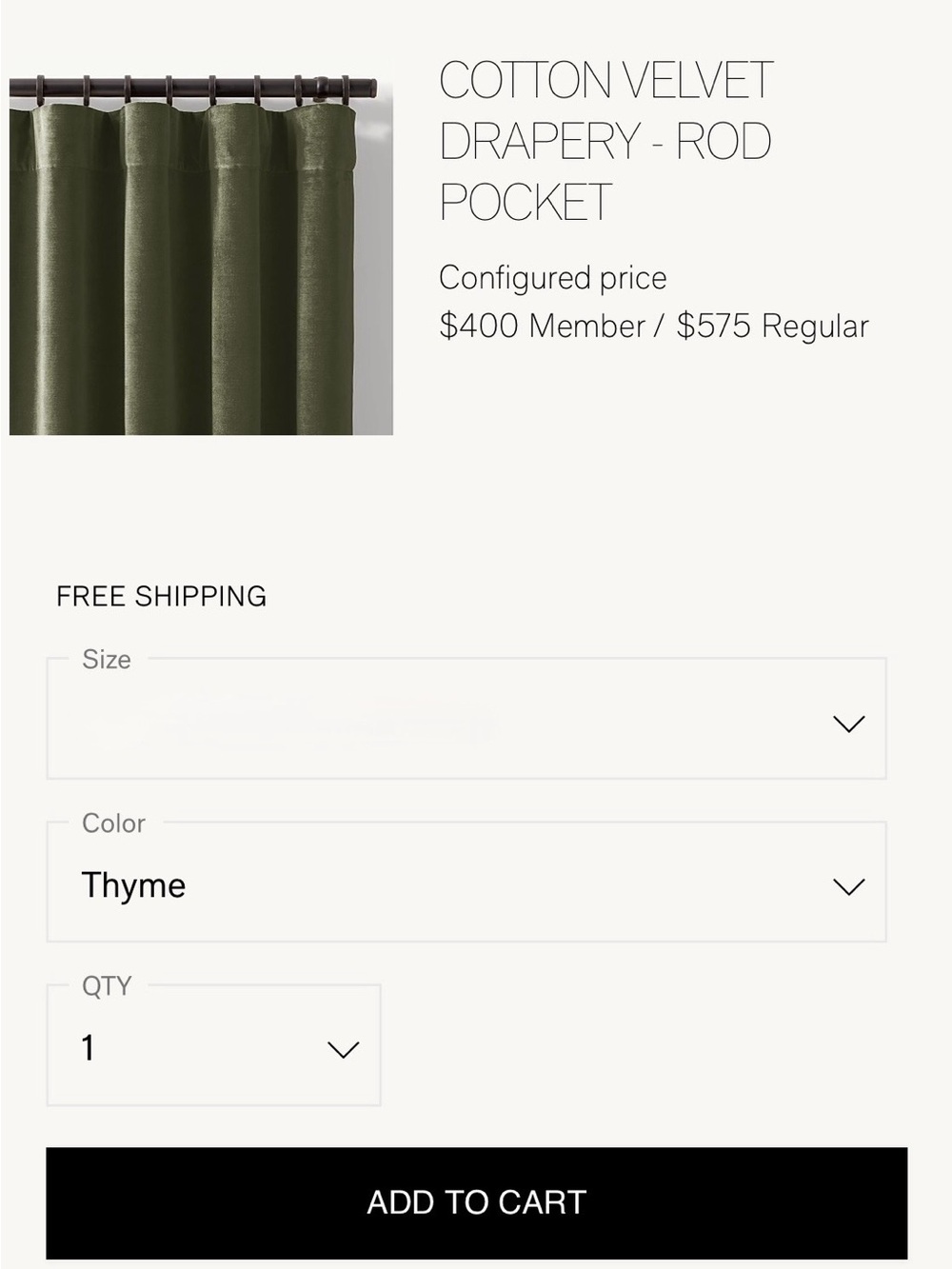 Restoration Hardware 50”x 96”Cotton Velvet Drapery Panel in Thyme Green